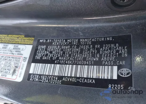 2007 Toyota Camry Se z USA, uszkodzony, nr VIN 4T1BE46K77U609451